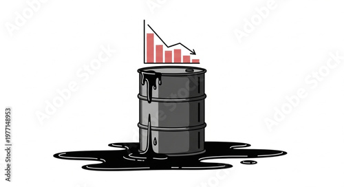 Oil barrel with falling stock market graph on top.
