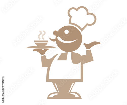 Minimalist Cartoon Chef Illustration in Sepia, Friendly Barista Holding Coffee Tray, Playful Food Art