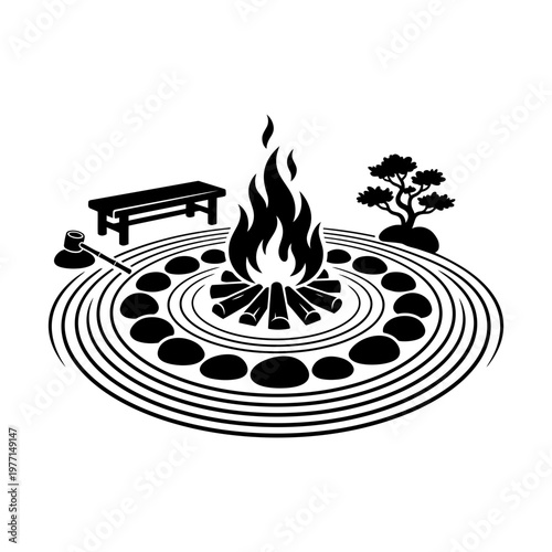 Picnic Bonfire Silhouette with Basket and Wine