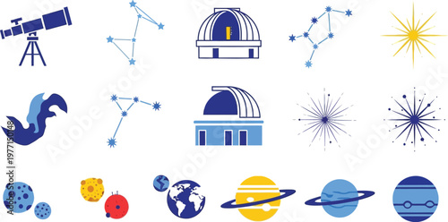 Astronomical instruments and celestial objects such as telescopes, observatories, constellations, and planets are illustrated in blue and white.