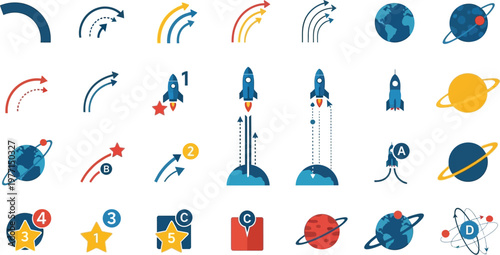 Numerous small illustrations show abstract streaks of light, planets with rings, orbiting Earth, rockets launching, and stylized stars and numbers.
