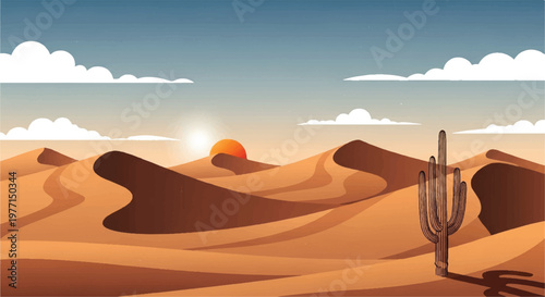 Desert landscape with sand dunes. Desert and blue sky view. Illustration of a desert landscape. 