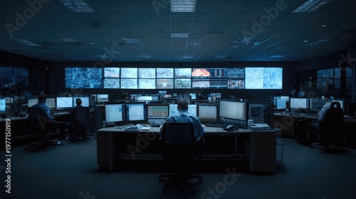 Professionals working in a global security operations center, overseeing a multitude of data and surveillance feeds on large monitors and individual computer screens