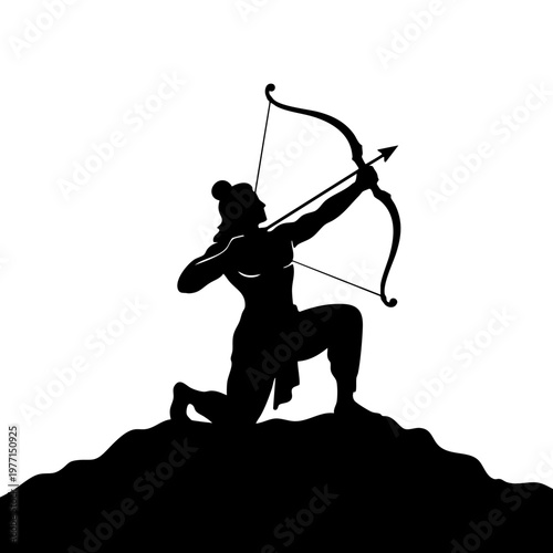 Archery Silhouette: A dynamic silhouette of an archer, kneeling atop a rocky terrain, drawing back a bow with poised precision, ready to release an arrow.