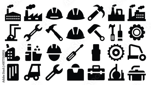 Black vector illustration bundle featuring various industrial tools and construction equipment icons on white background