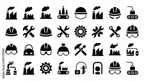 Collection of black industrial icons featuring helmets tools and machinery on a white background for business and industry use