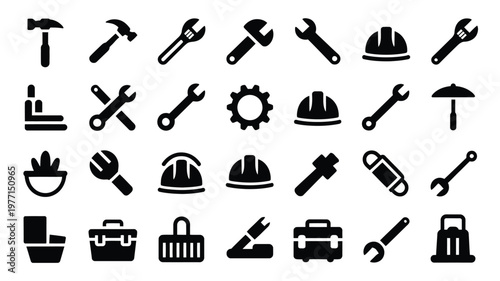 Collection of 30 minimalist black silhouettes of construction tools and equipment on white background for design and decoration