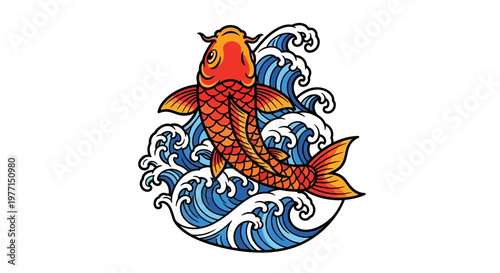 Vibrant Koi Fish Swimming Through Stylized Ocean Waves, Japanese Art Style