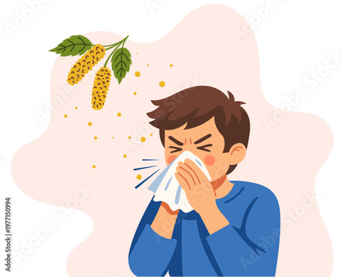 Boy Sneezing from Birch Pollen Allergy, Seasonal Spring Allergy, Child with Tissue, Hand Drawn Vector Illustration