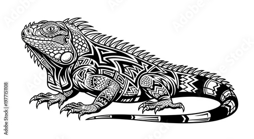 Tribal Tattoo Iguana Illustration - Black and White Reptile Art