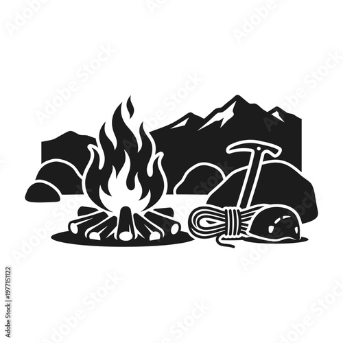 Mountaineer campfire with rope pickaxe and peaks silhouette