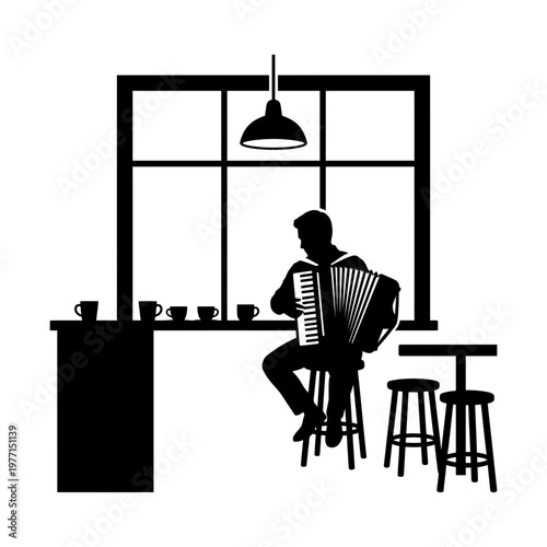 Coffeehouse interior with accordion player at bar silhouette