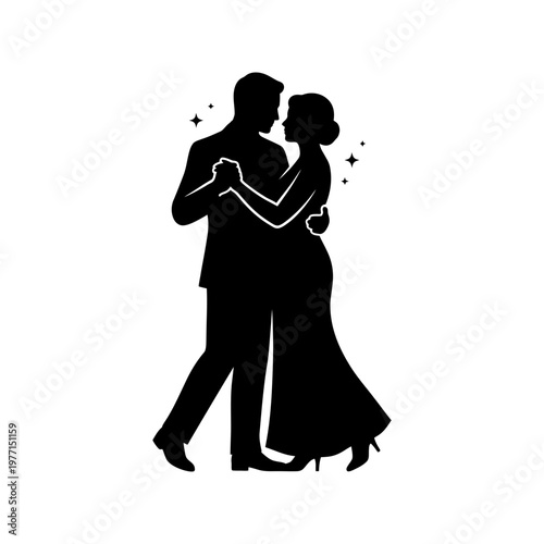 Romantic couple dancing together in elegant embrace silhouette