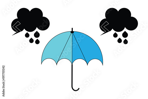 Blue umbrella vector illustration with storm clouds, rain drops and lightning bolts, weather protection concept, rainy day flat design