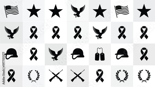 Memorial and patriotic symbols in black on gray background