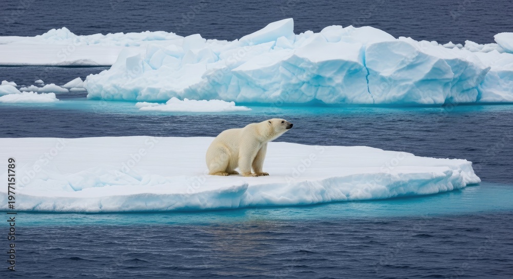 Fototapeta premium A solitary polar bear sits calmly on a large ice floe in the Arctic Ocean. The bear is facing away from the viewer, gazing out at the surrounding icy landscape.