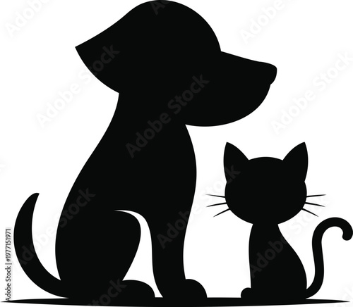 Black silhouette of dog and cat sitting together side by  friendly animals