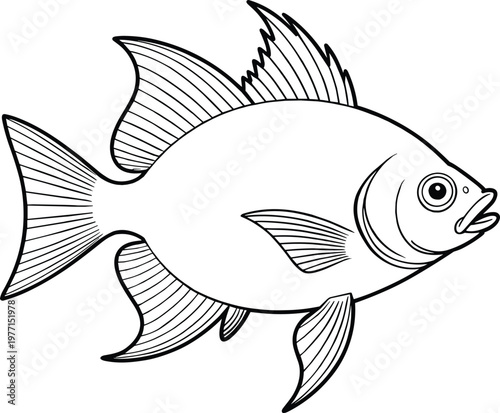 Black and white watercolor-style fish line