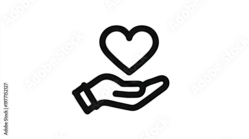 Simple black outline icon depicts a human hand gently supporting a floating heart shape.