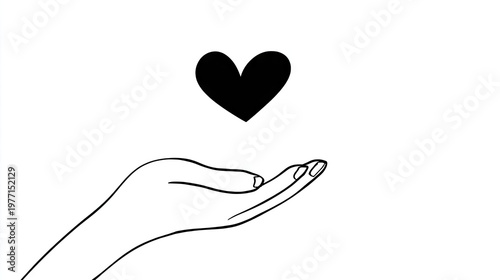Simple black and white illustration depicts an open palm gently supporting a floating solid heart symbol.