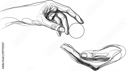 Continuous line drawing depicts one hand carefully releasing a small sphere into another open hand below.