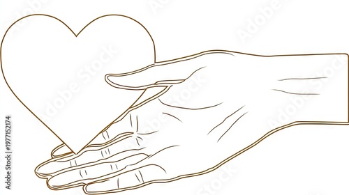 Outlined human hand gently offering a large, blank heart shape illustration