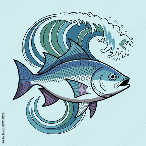 Blue and purple ocean fish with swirling waves and bubbles line