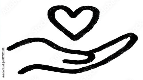Hand shape supporting a heart symbol drawn with thick, rough black lines on a white background.