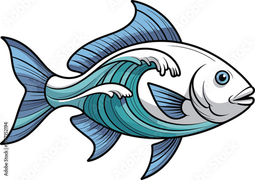 Blue and white line fish with ocean waves and swirls