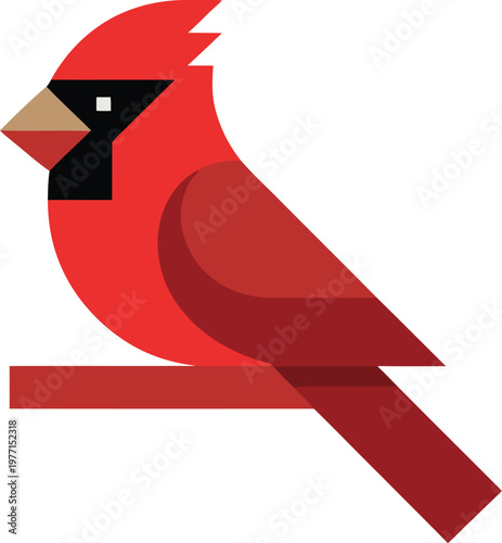 Red cardinal bird sitting on a red branch sideways isolated on transparent background