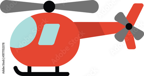 Red helicopter with gray rotor blades and transparent windows on white background  simple illustration
