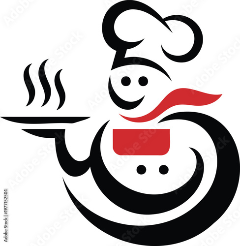 Canvas Print Smiling chef character holding a steaming plate of food in hand wearing hat and