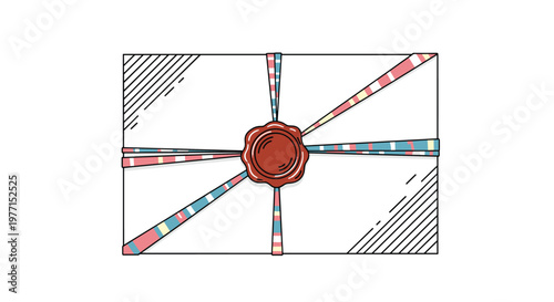 Elegant sealed envelope featuring several colorful striped ribbons tied across it and a central red wax seal for official documents.