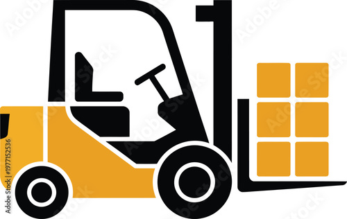 Yellow forklift truck with black wheels and forks lifting boxes  industrial vehicle for warehouse operations