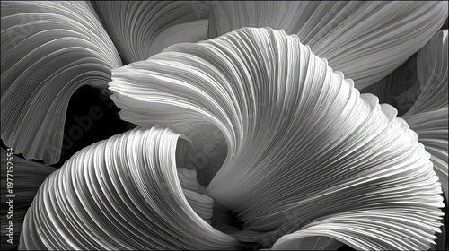 Abstract monochromatic composition features swirling, finely detailed pleated forms against a dark background
