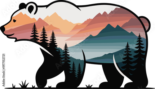 Minimalist bear silhouette with mountain and pine trees line