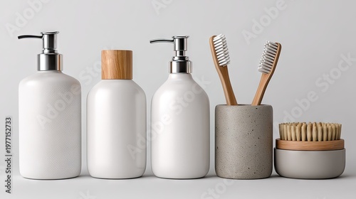 Assortment of modern, minimalist bathroom hygiene products displayed against a light background.