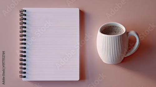 Spiral bound notepad and ceramic beverage container rest on a plain surface viewed from above