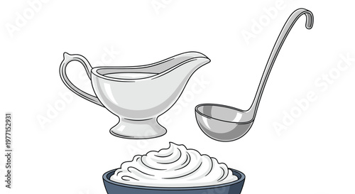 Kitchenware set including a ceramic gravy boat with a matching ladle and a small bowl of white sauce or creamy mashed potatoes.