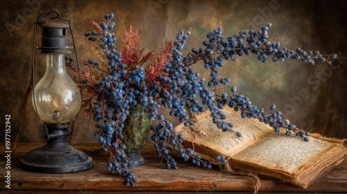 Antique oil lantern sits beside a vase of blue berries and an open, aged book.