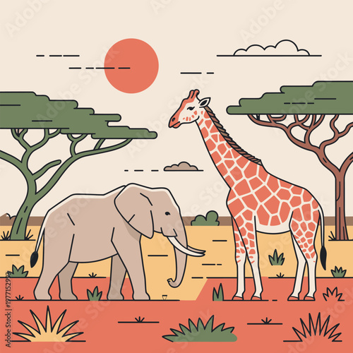 Safari animals in african savanna with sun and hot air balloon