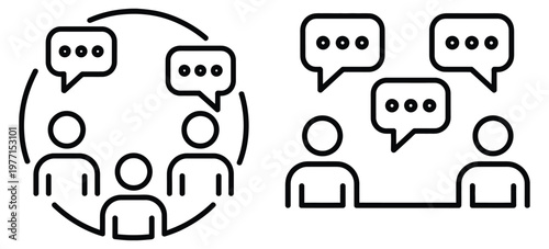 Team Building Communication Line Icons With Speech Bubbles, Business Group Discussion, Team Collaboration, Social Interaction Symbols, Workplace Communication Graphics