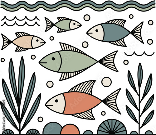 Scandinavian minimalist marine line fish and seaweed