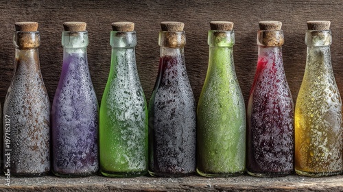 Row of small glass bottles filled with colorful, condensation-covered liquids resting on a wooden surface.