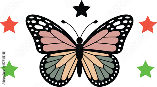 Simple black and pink butterfly line with stars