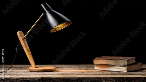 Modern adjustable desk lamp illuminates two antique books resting on a weathered wooden surface against a dark background