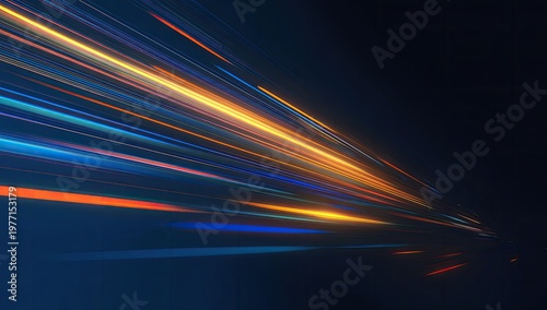 Dynamic streaks of light explode across a dark blue canvas, creating a sense of speed and energy
