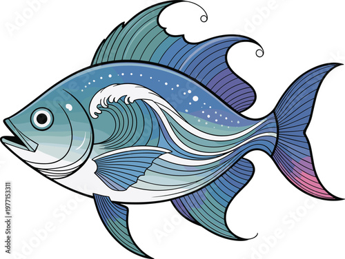 Vibrant blue and purple striped fish, ocean wave waves