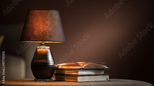 Illuminated table lamp casts warm glow upon a stack of reading materials