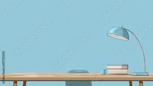 Simple desk setup featuring a lamp and stacked reading material against a light blue backdrop